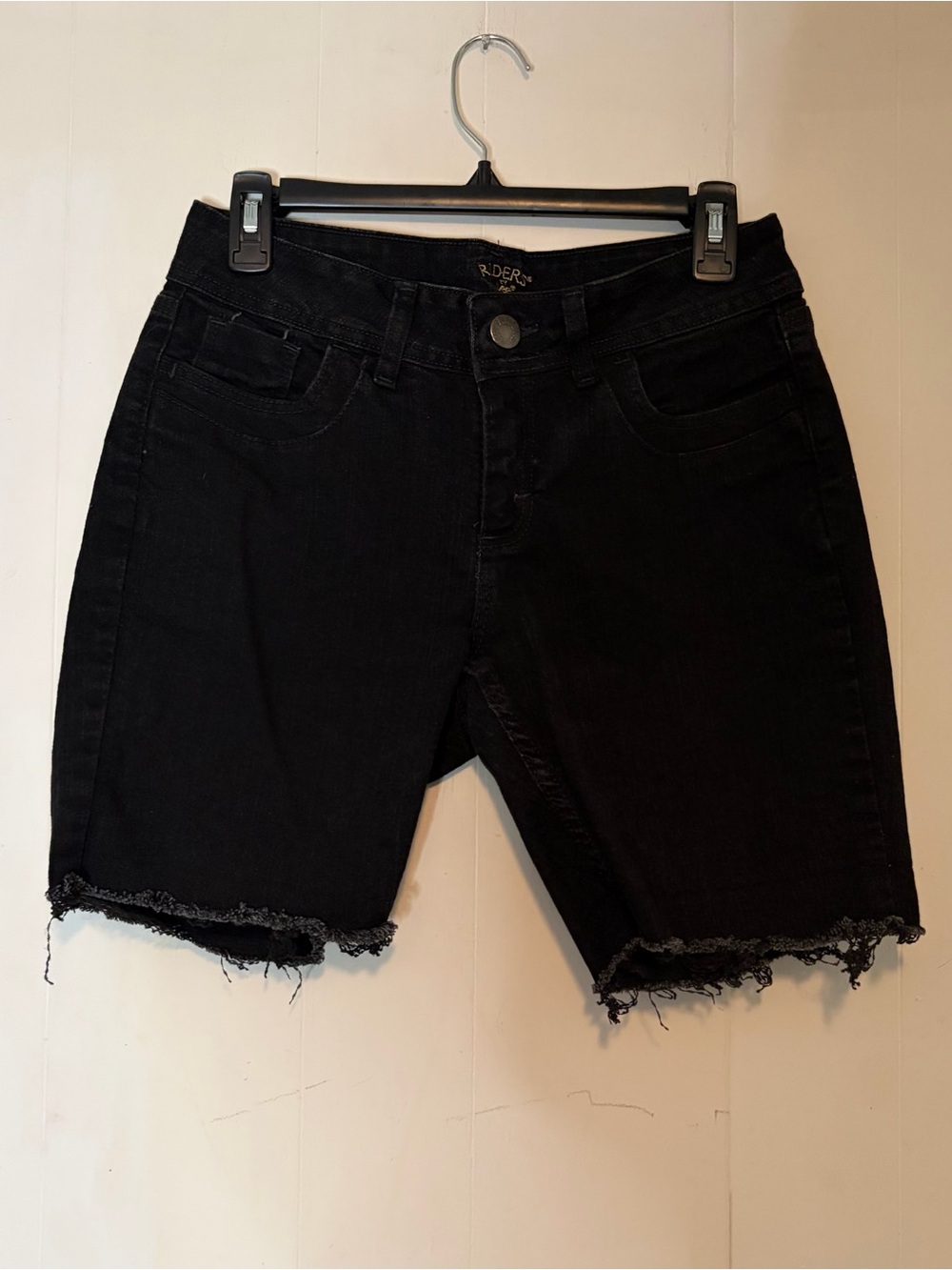 High-Rise Black Denim Frayed Hem Women's Shorts